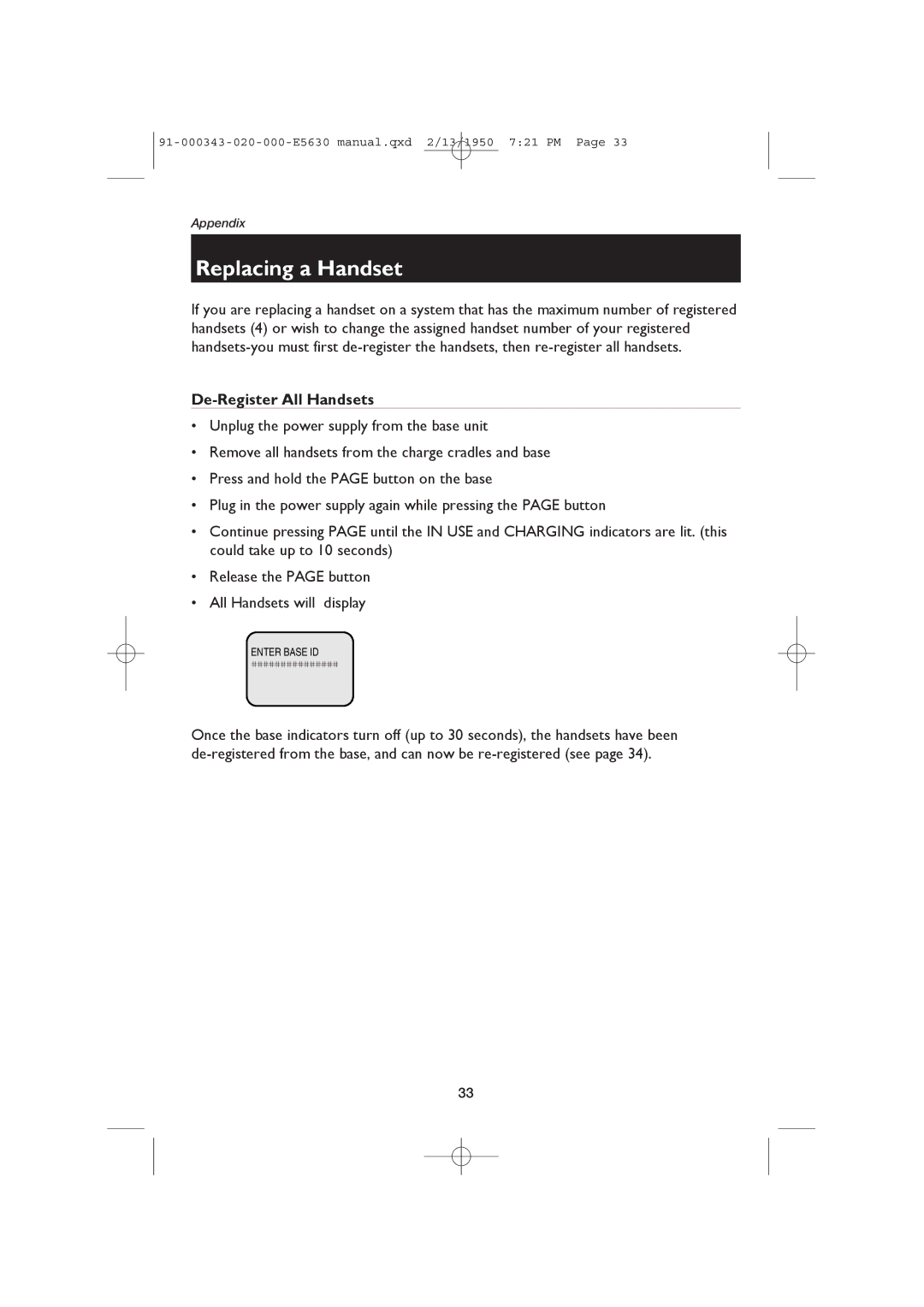 AT&T E5633, E5634B user manual Replacing a Handset, De-Register All Handsets 