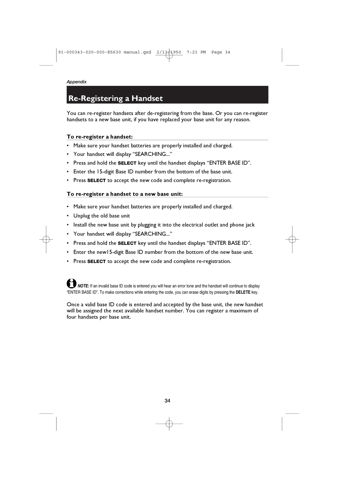 AT&T E5634B, E5633 user manual Re-Registering a Handset, To re-register a handset to a new base unit 