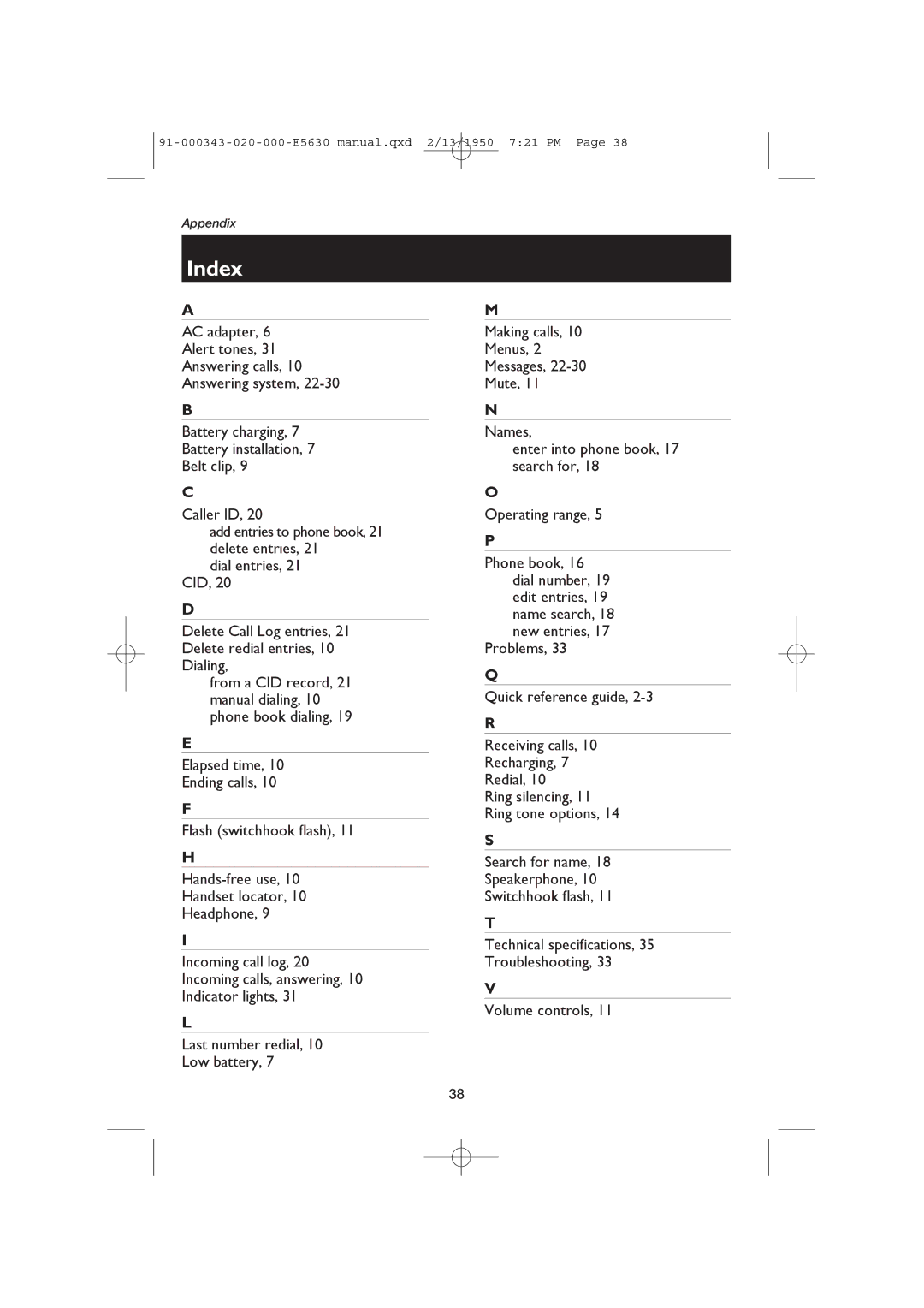 AT&T E5634B, E5633 user manual Index 