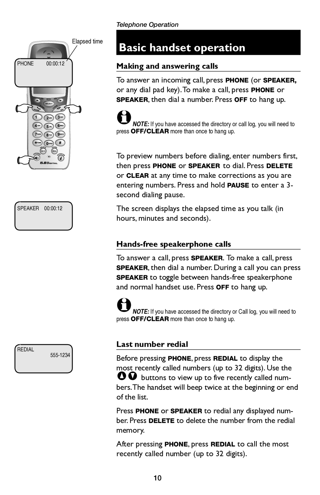 AT&T E5654B Basic handset operation, Making and answering calls, Hands-free speakerphone calls, Last number redial 