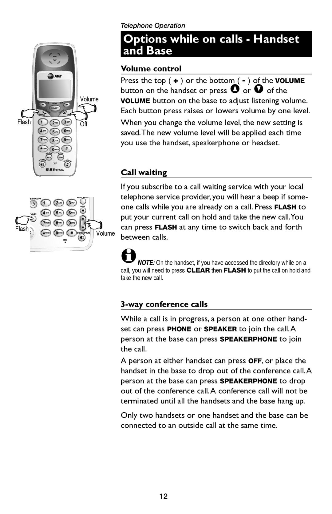 AT&T E5654B user manual Options while on calls Handset and Base, Volume control, Call waiting, Way conference calls 