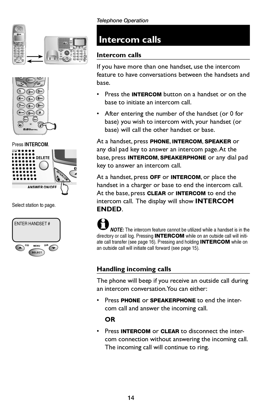 AT&T E5654B user manual Intercom calls, Handling incoming calls 