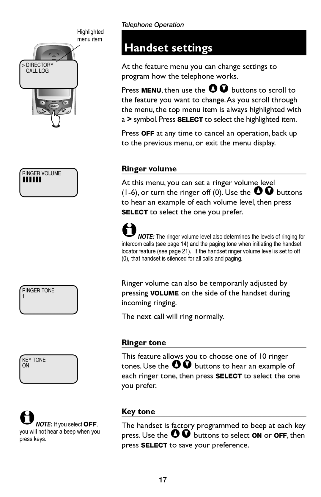 AT&T E5654B user manual Handset settings, Ringer volume, Ringer tone, Key tone 