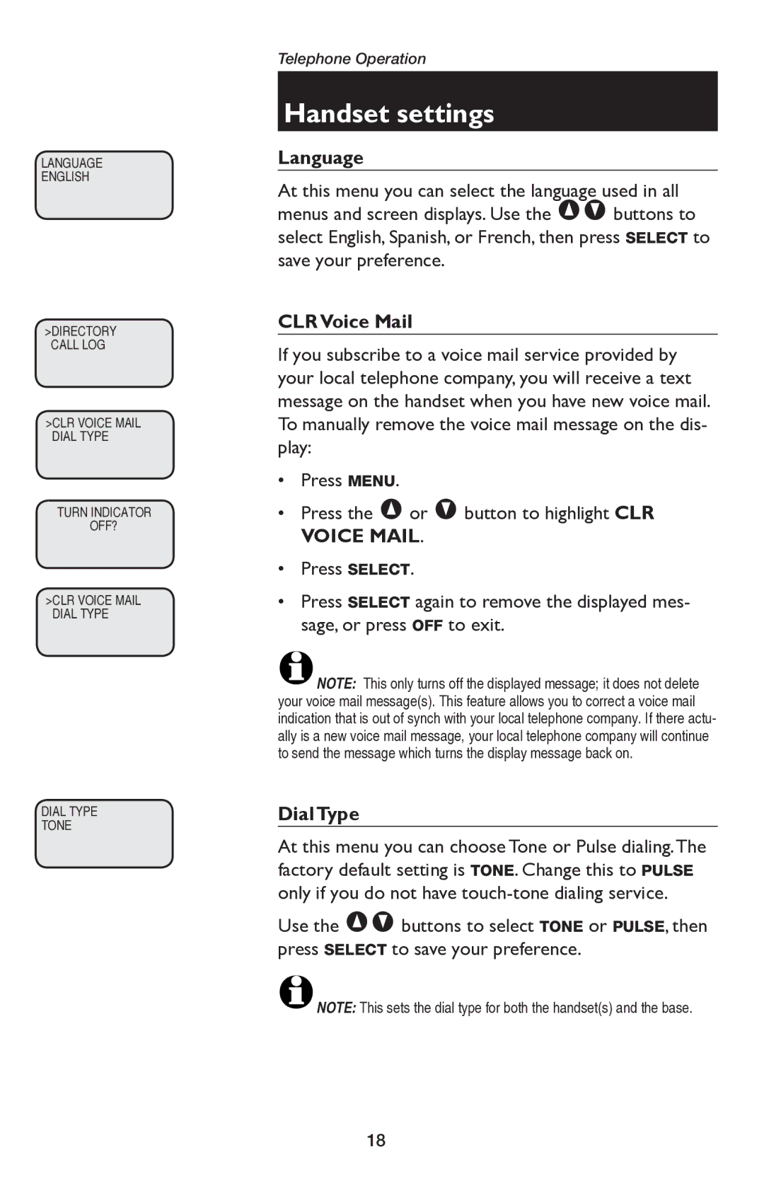 AT&T E5654B user manual Language, CLR Voice Mail, Dial Type 