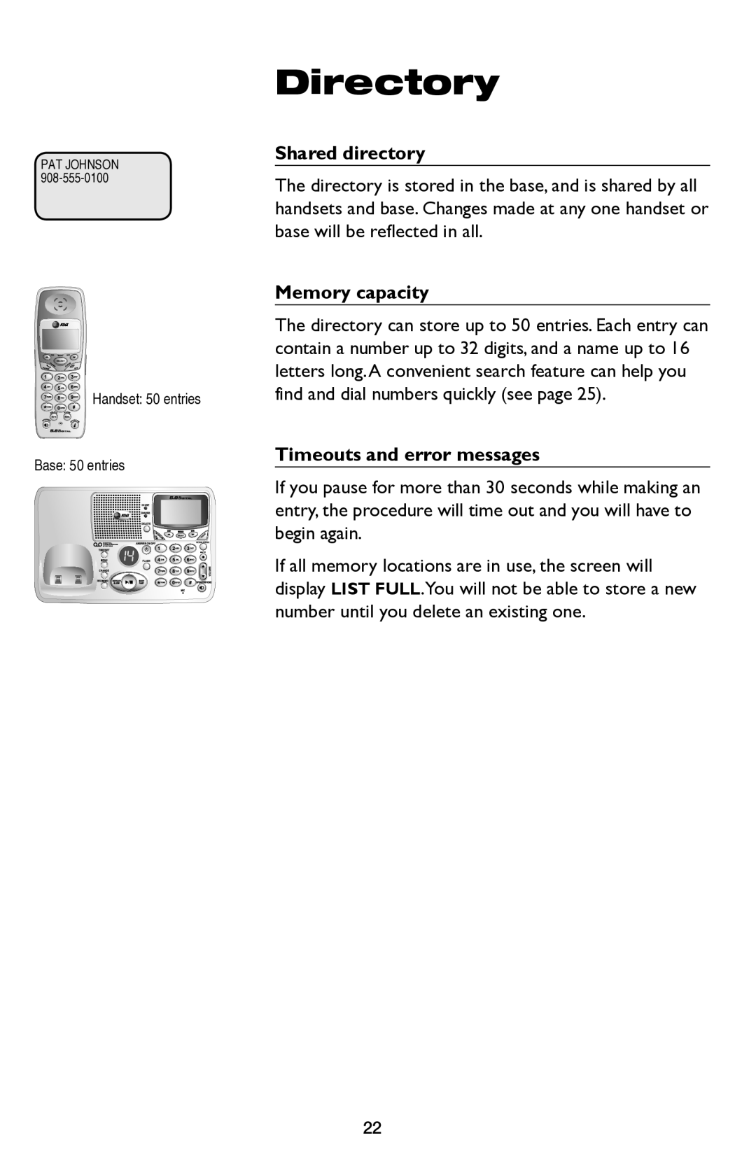 AT&T E5654B user manual Shared directory, Memory capacity, Timeouts and error messages 