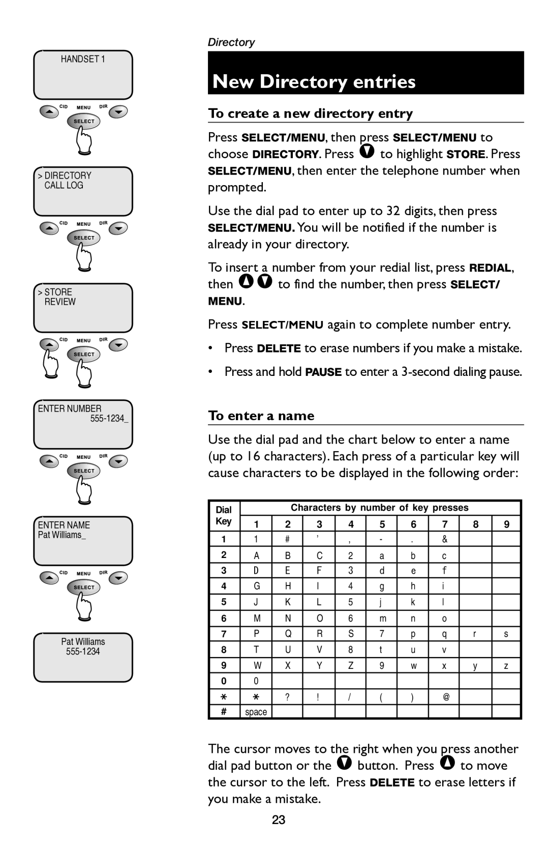 AT&T E5654B user manual New Directory entries, To create a new directory entry, To enter a name 