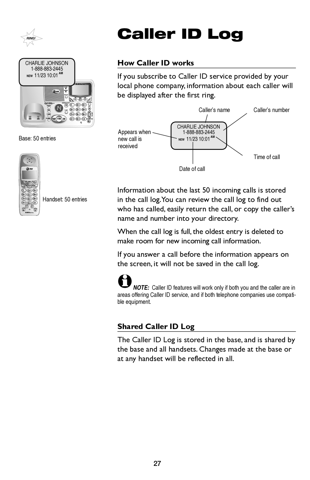 AT&T E5654B user manual How Caller ID works, Shared Caller ID Log 