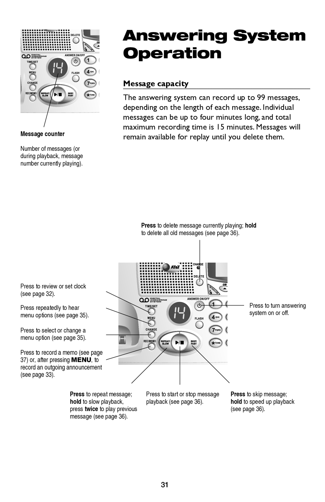 AT&T E5654B user manual Answering System Operation, Message capacity 