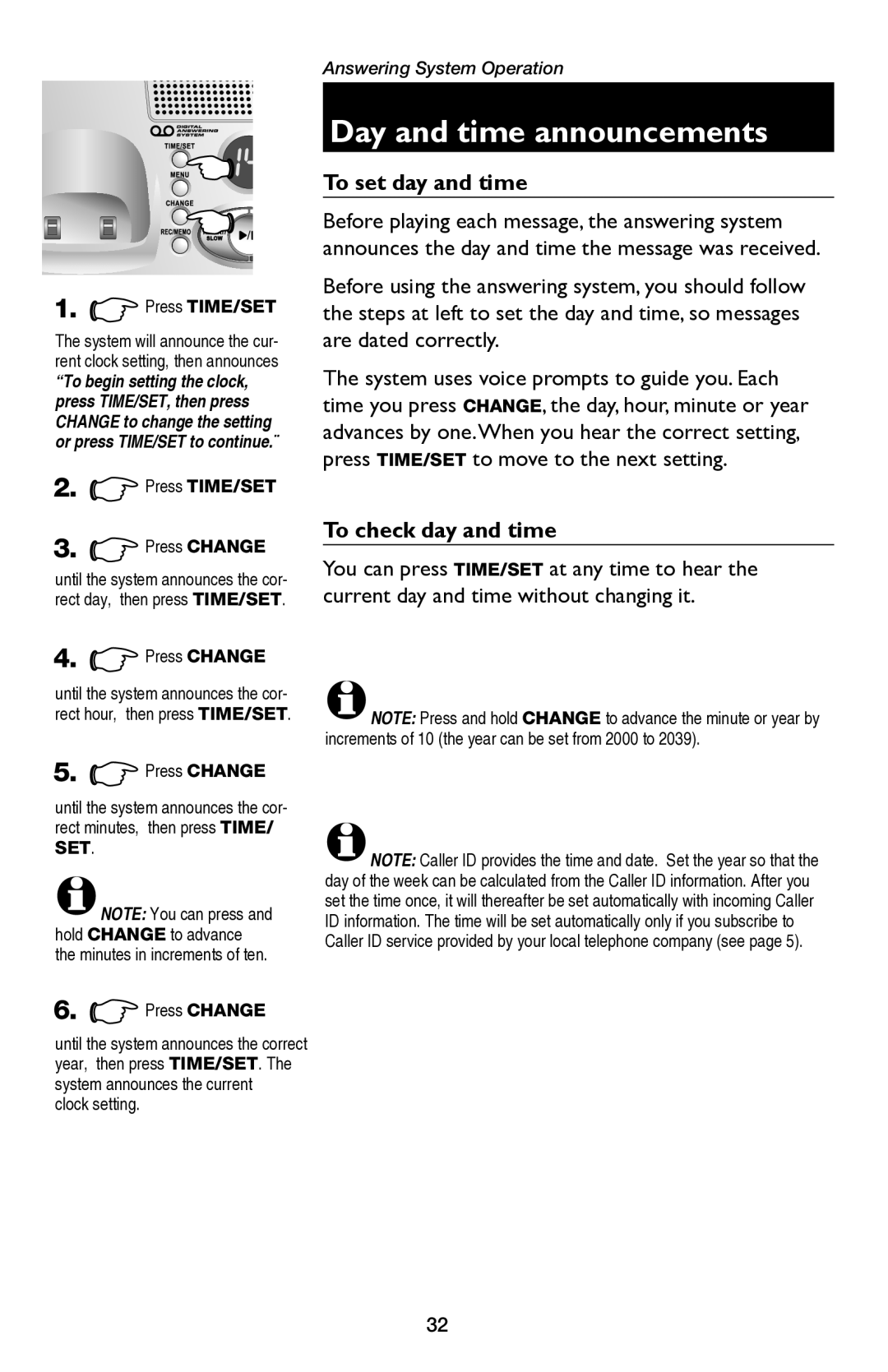 AT&T E5654B user manual Day and time announcements, To set day and time, To check day and time, Press TIME/SET 