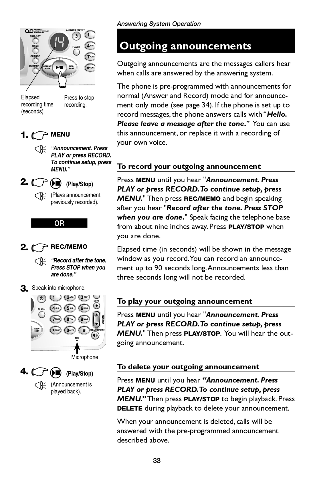 AT&T E5654B Outgoing announcements, To record your outgoing announcement, To play your outgoing announcement, Menu 