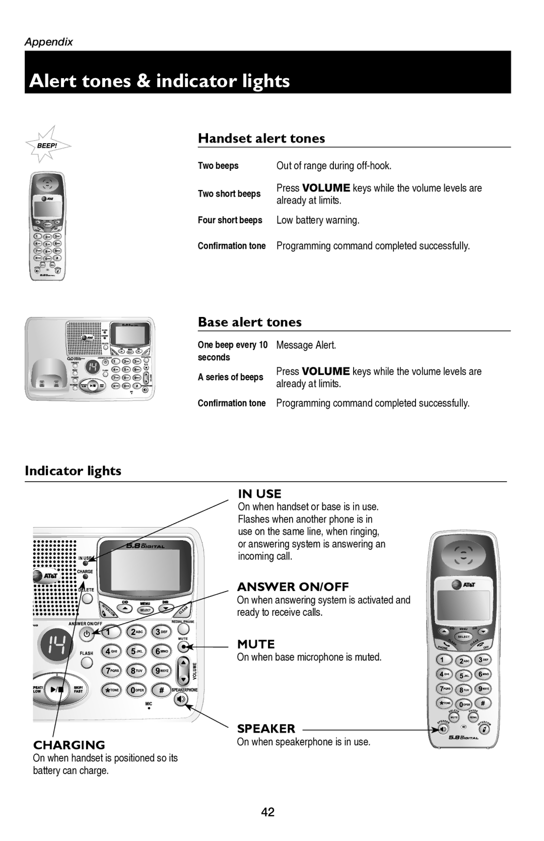 AT&T E5654B user manual Alert tones & indicator lights, Handset alert tones, Base alert tones, Indicator lights 