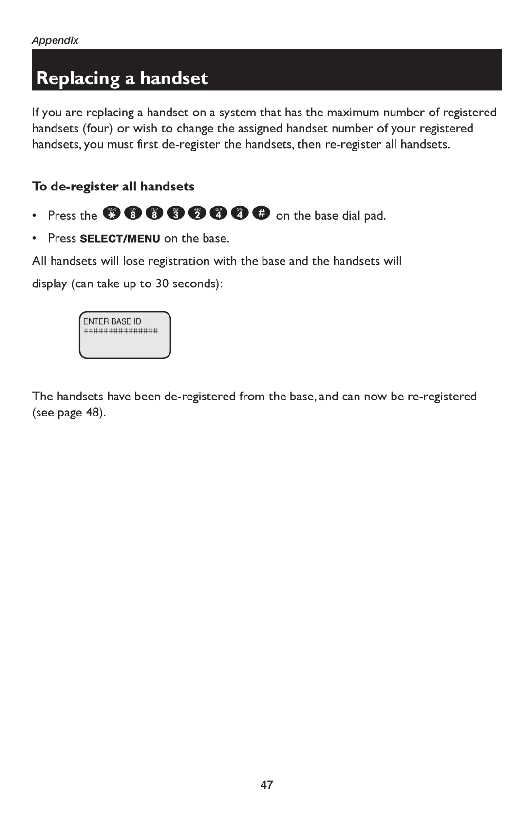 AT&T E5654B user manual Replacing a handset, To de-register all handsets 