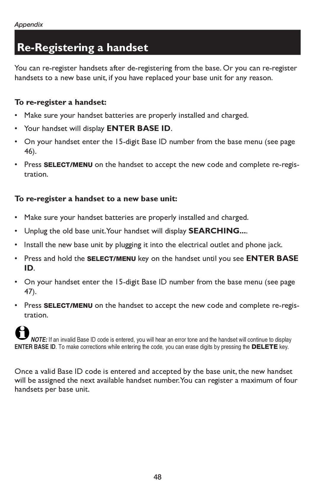 AT&T E5654B user manual Re-Registering a handset, To re-register a handset to a new base unit 