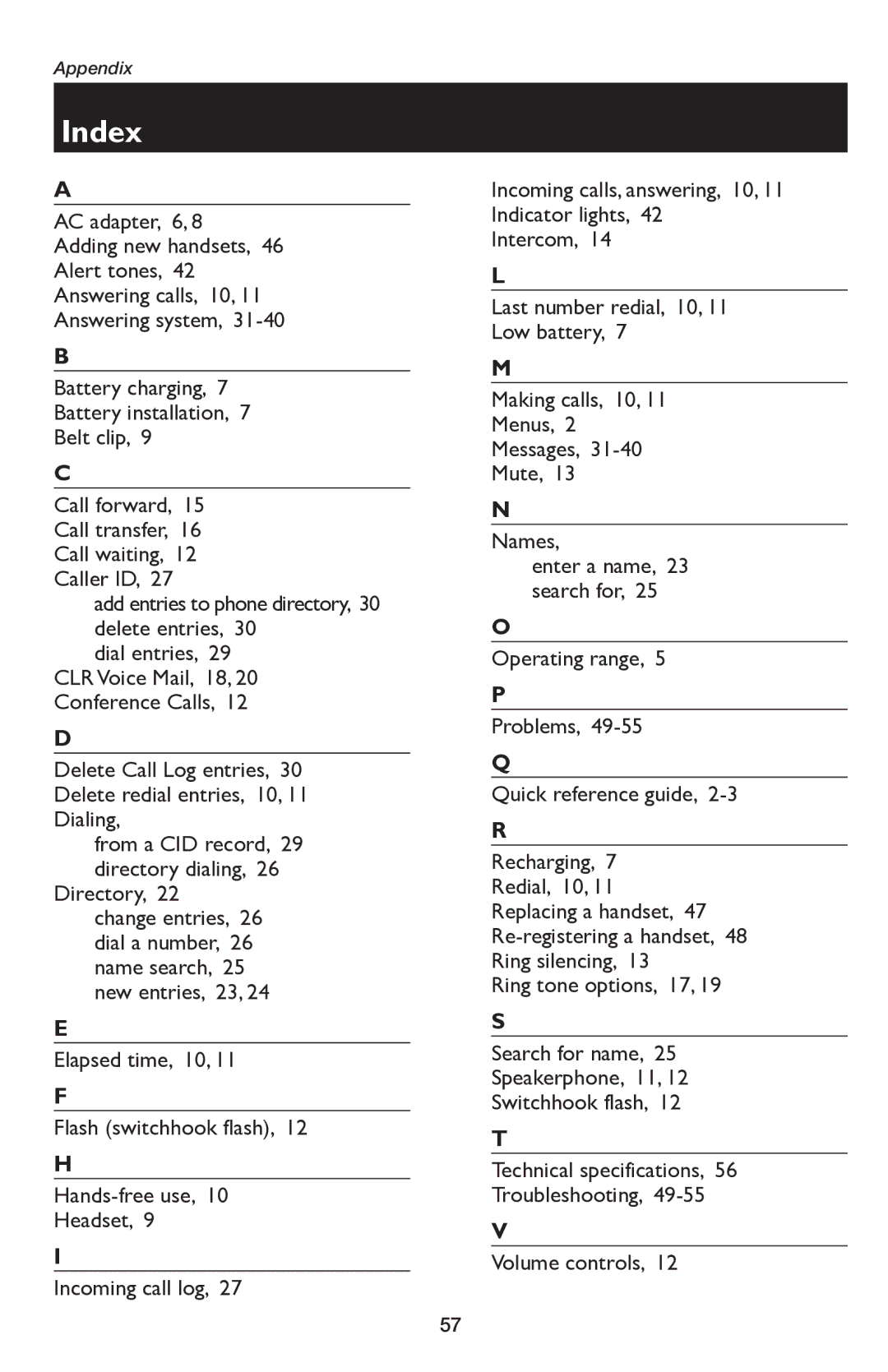 AT&T E5654B user manual Index 