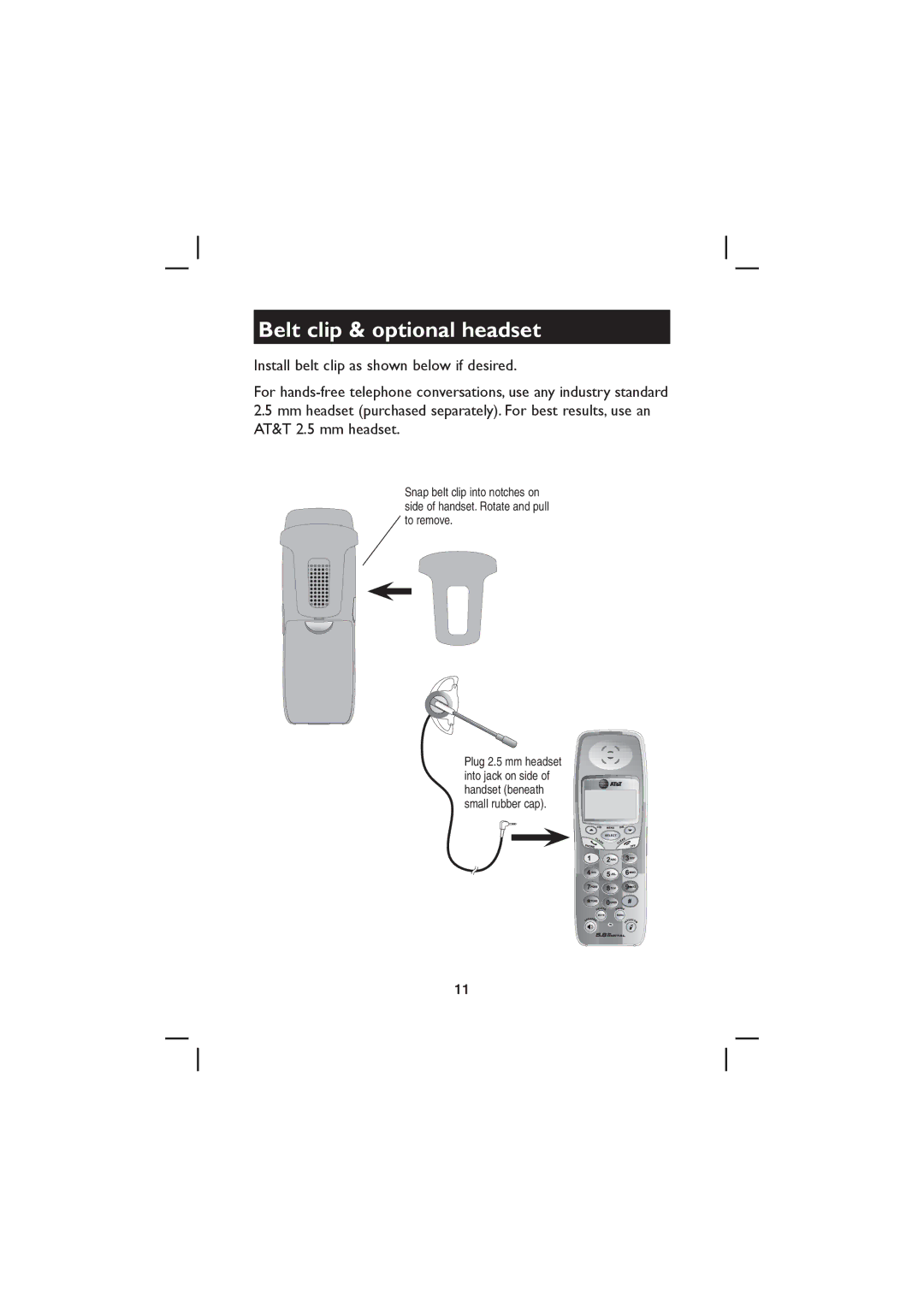 AT&T E5643B, E5655, E5644B, E5640 user manual Belt clip & optional headset 