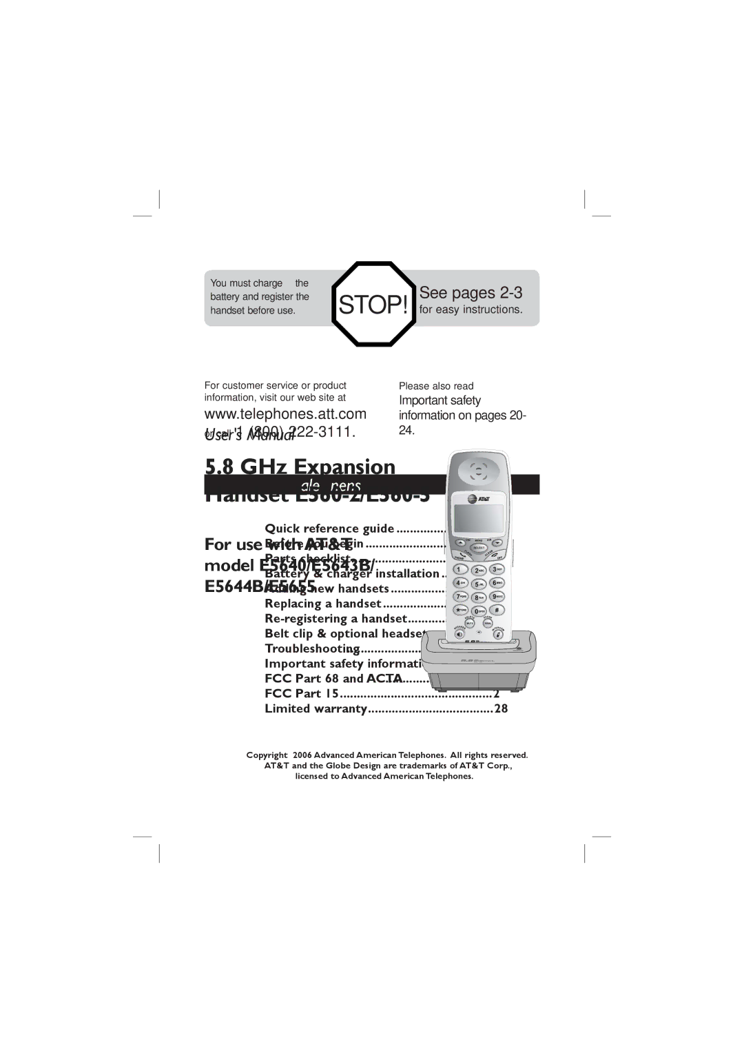 AT&T E5655, E5644B, E5640, E5643B user manual Table of contents 