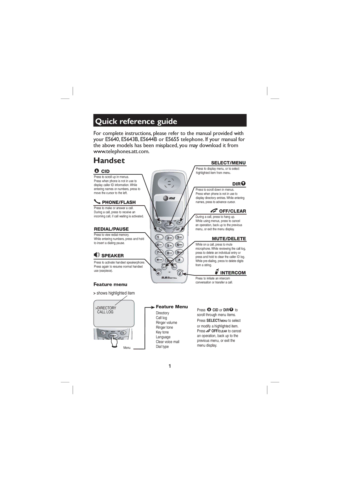 AT&T E5644B, E5655, E5640, E5643B user manual Quick reference guide, Handset 