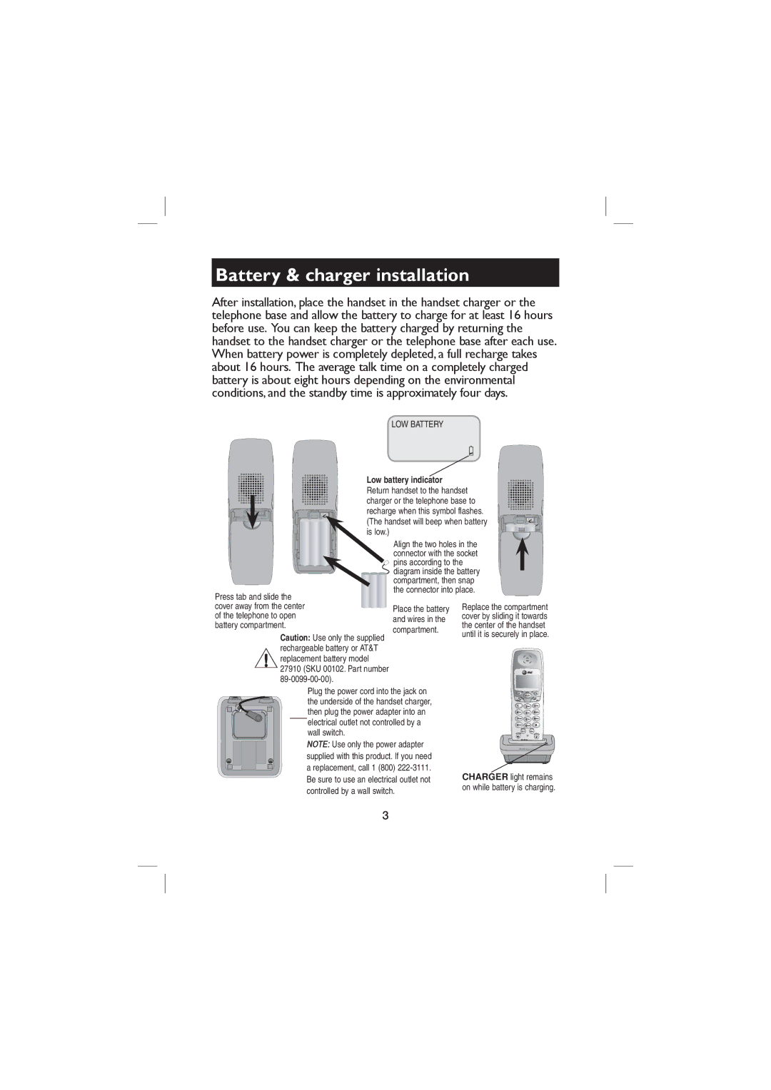 AT&T E5643B, E5655, E5644B, E5640 user manual Battery & charger installation, Low battery indicator 