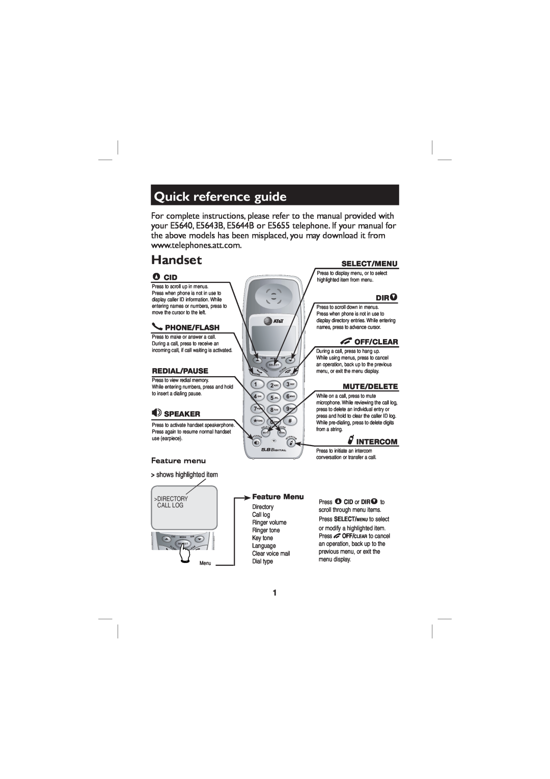 AT&T E5644B, E5655, E5640, E5643B Quick reference guide, Handset, Feature menu, shows highlighted item, Feature Menu 