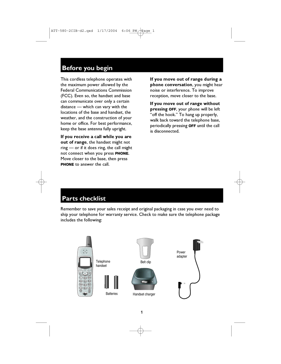 AT&T E580-2 user manual Before you begin, Parts checklist 