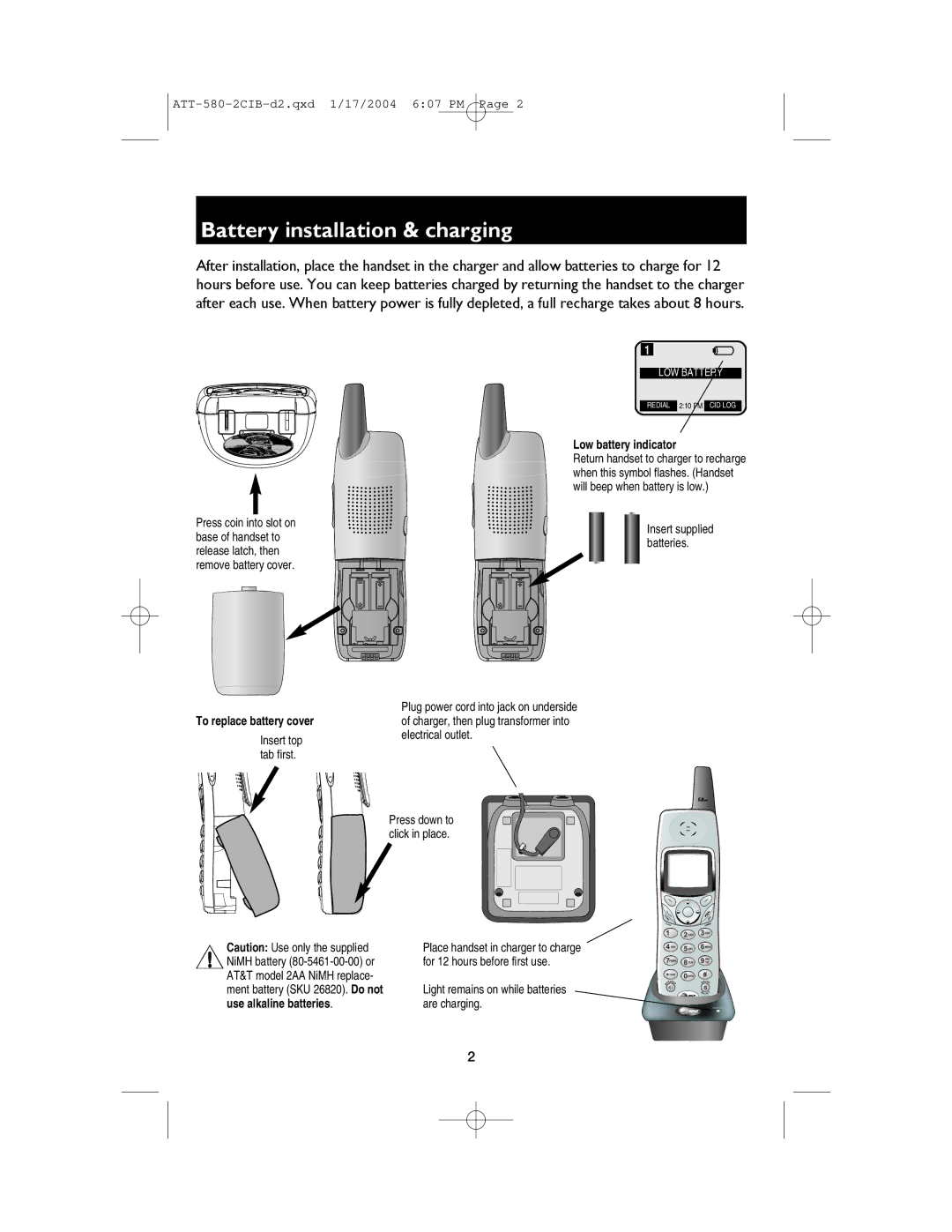 AT&T E580-2 user manual Battery installation & charging, Low battery indicator 