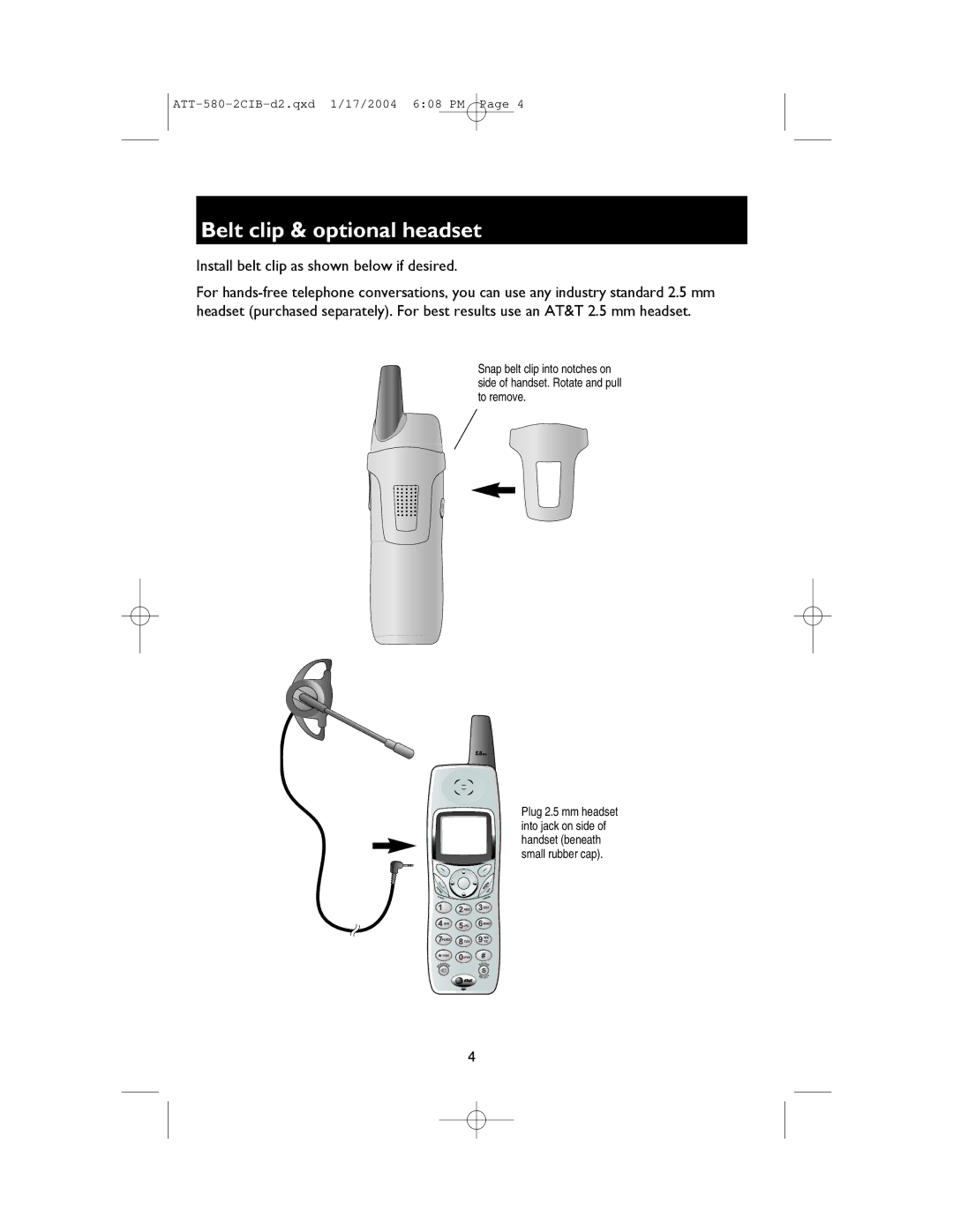 AT&T E580-2 user manual Belt clip & optional headset, Install belt clip as shown below if desired 