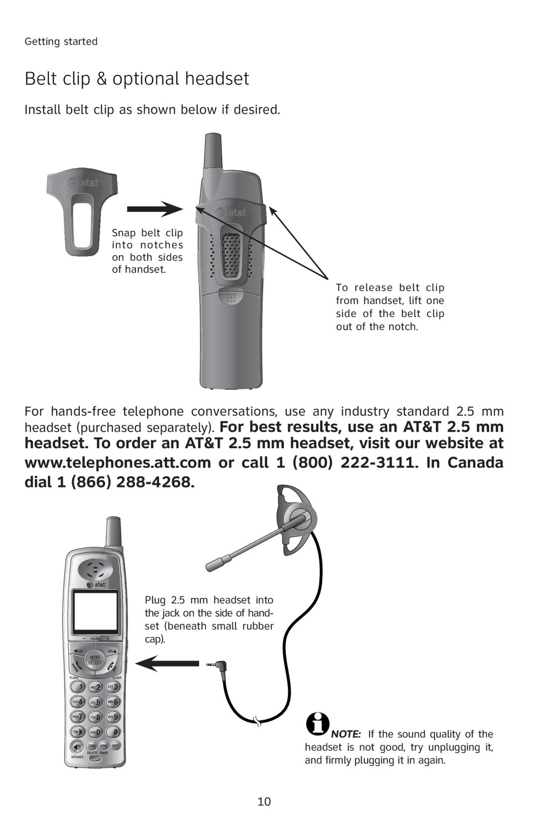 AT&T E5804 user manual Belt clip & optional headset, Install belt clip as shown below if desired 