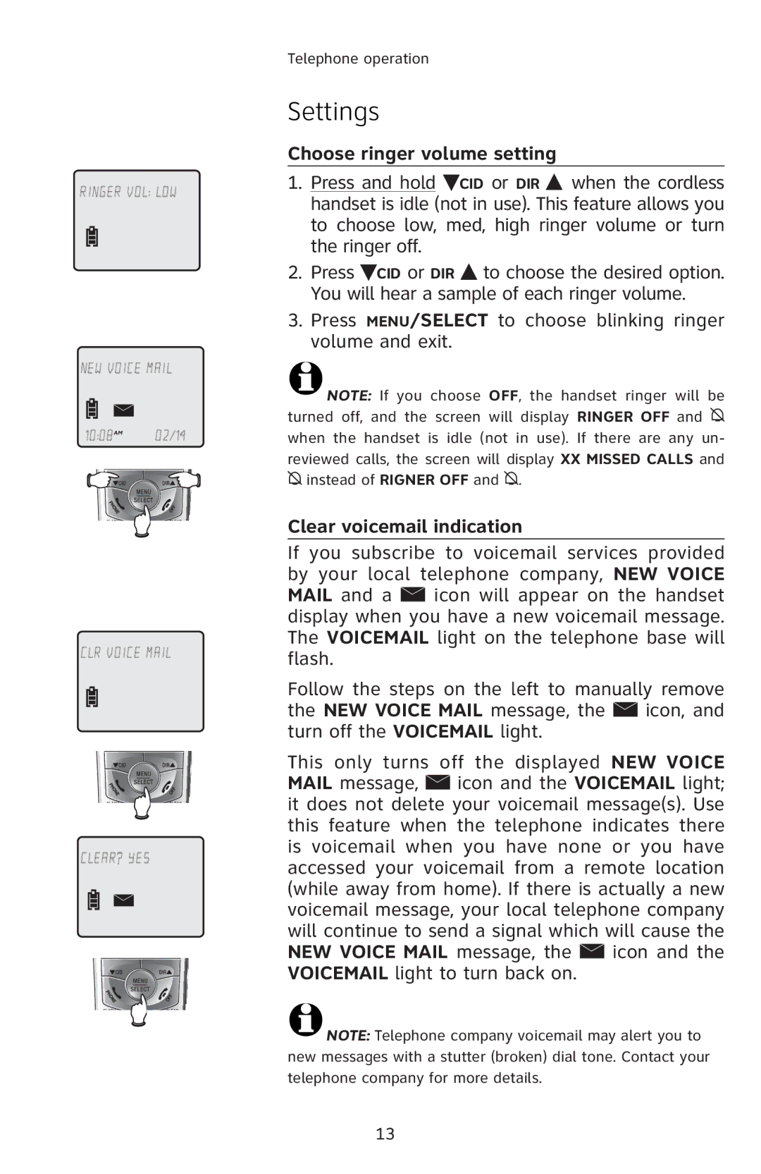 AT&T E5804 user manual Choose ringer volume setting, ”Š“‹ƒŒ‚ƒ–‡’Ɠ, Clear voicemail indication 