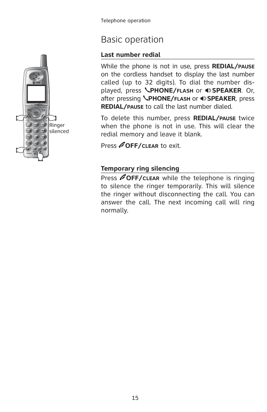 AT&T E5804 user manual Last number redial, Press OFF/CLEAR’ƒ–‡’Ɠ, Temporary ring silencing, ‡Œ…ƒ 