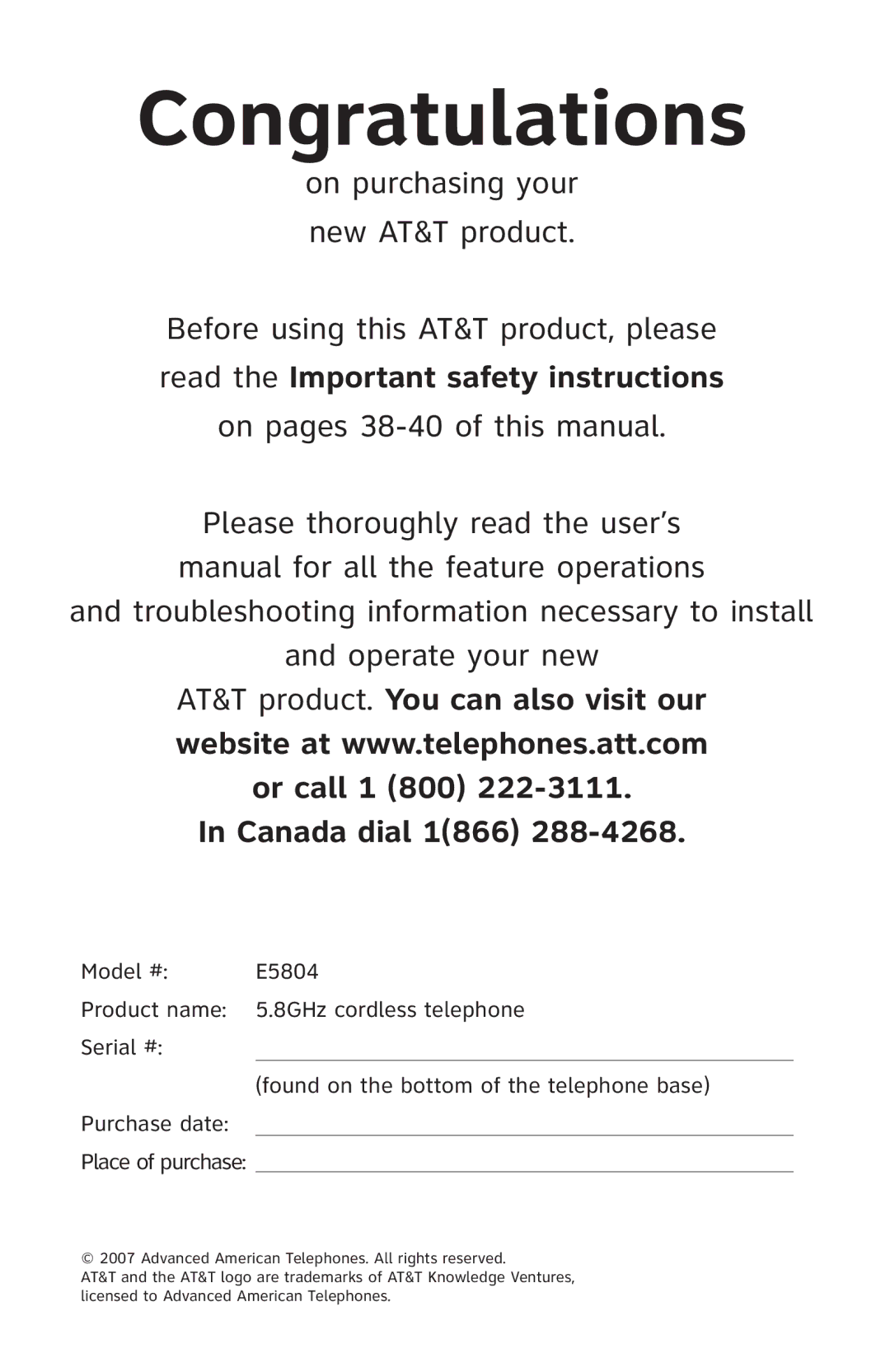 AT&T E5804 user manual Congratulations 