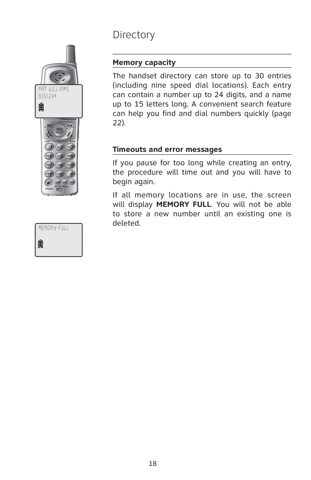 AT&T E5804 user manual Memory capacity, Timeouts and error messages 