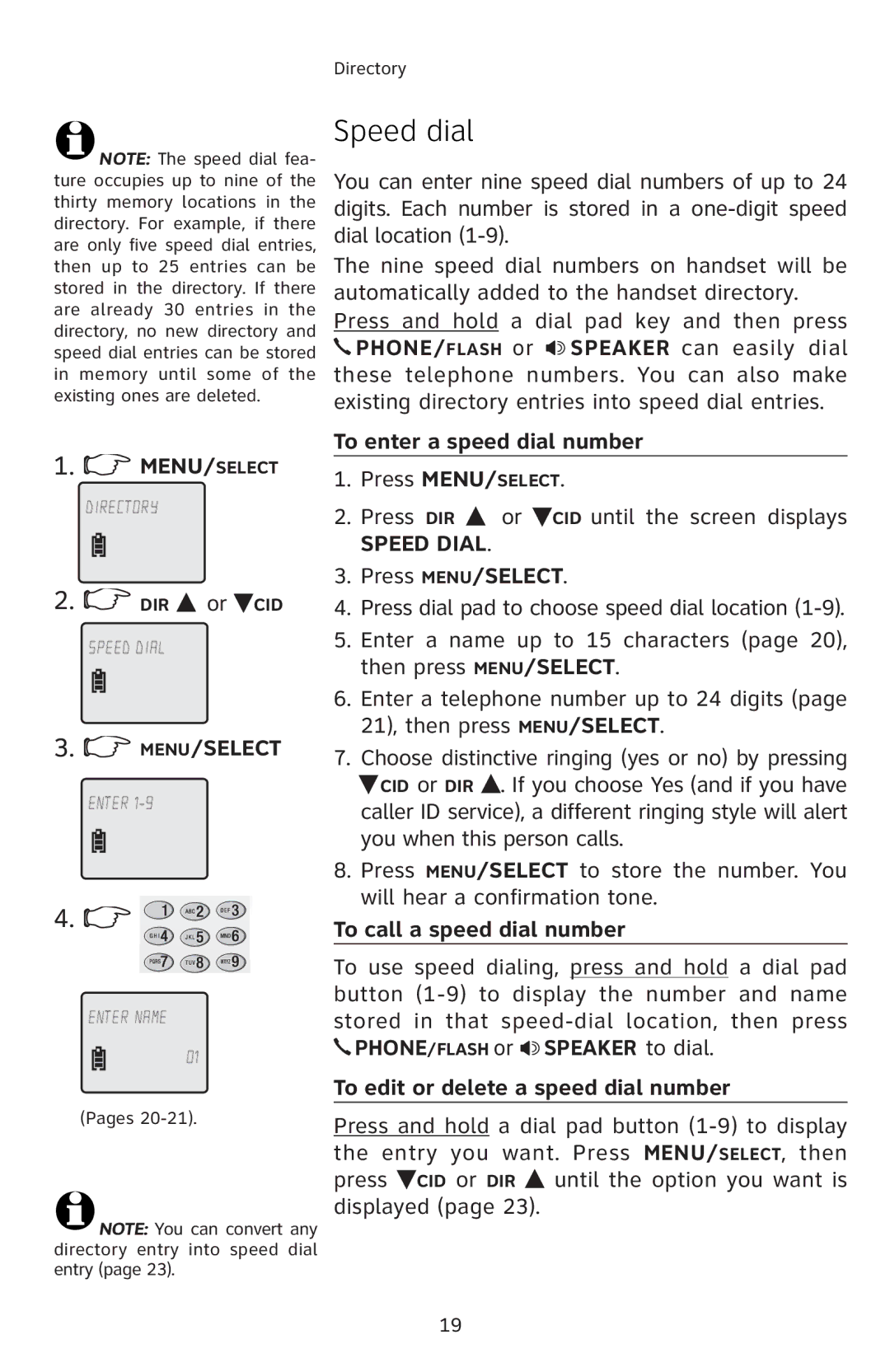 AT&T E5804 Speed dial, To enter a speed dial number, To call a speed dial number, To edit or delete a speed dial number 