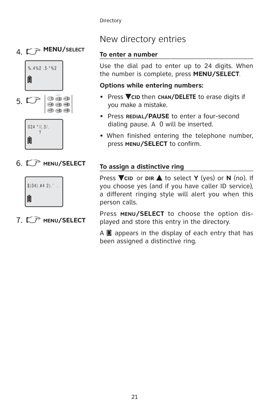 AT&T E5804 user manual Ǒɠ Menu/Select, To enter a number, Options while entering numbers, To assign a distinctive ring 