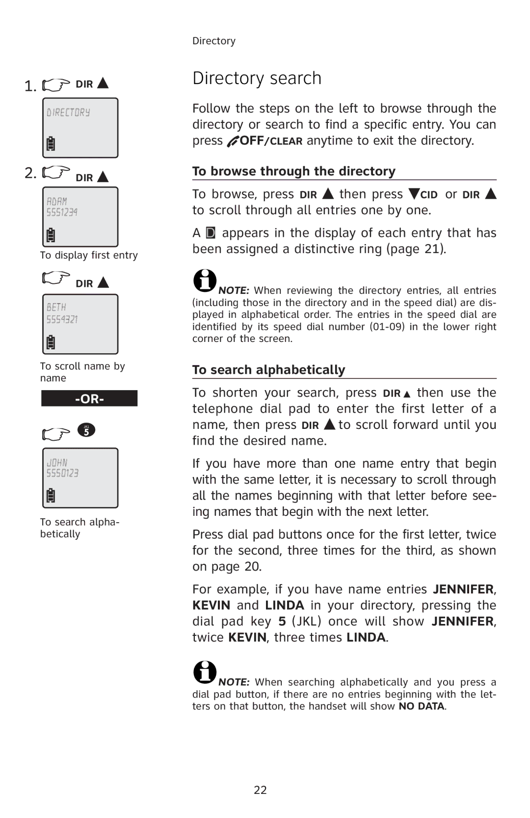 AT&T E5804 user manual Directory search, To browse through the directory, To search alphabetically 