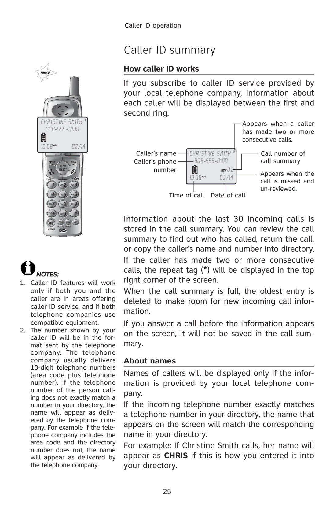 AT&T E5804 user manual Caller ID summary, How caller ID works, About names 