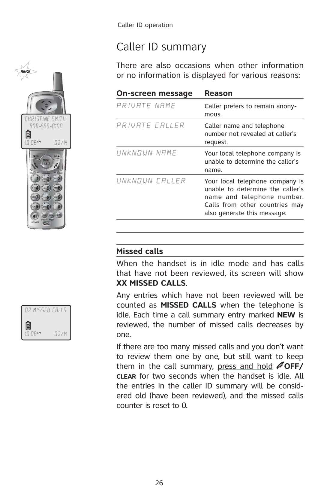 AT&T E5804 user manual On-screen message Reason, Missed calls, 026!4%.!-% ŠŠƒŽƒ„ƒ‘’ƒ‹‡ŒŒŒ— 