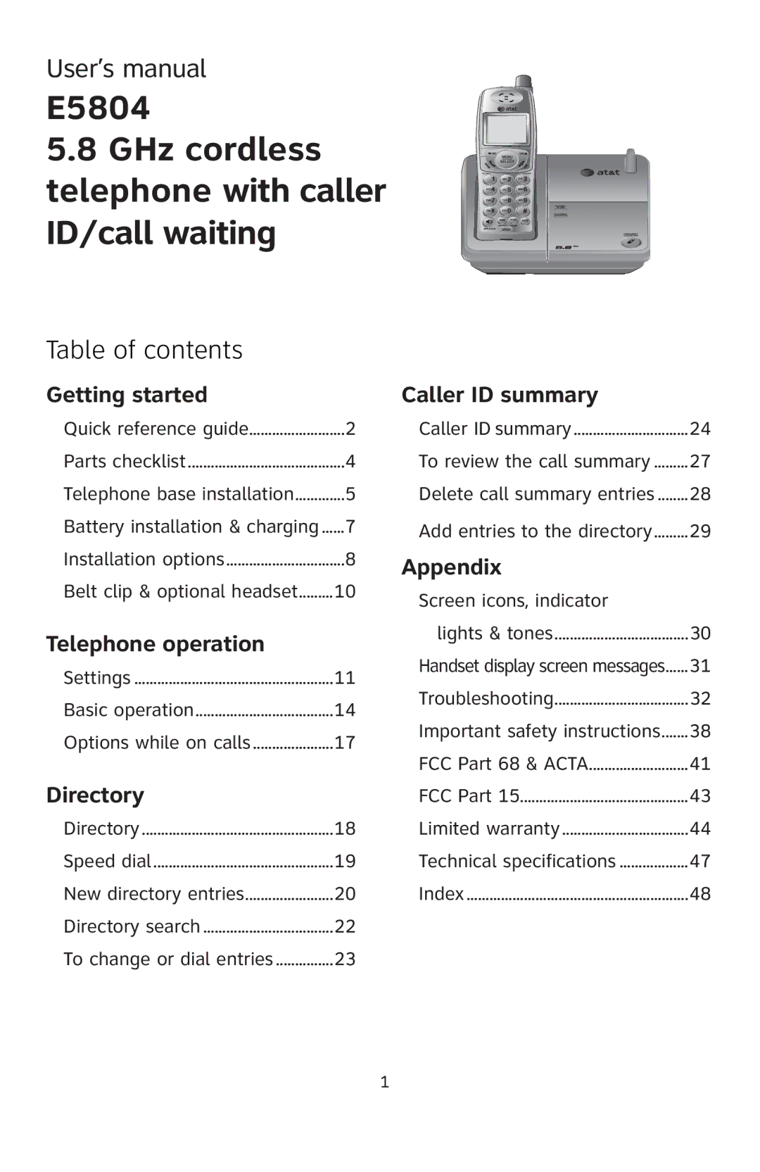 AT&T E5804 user manual Table of contents 