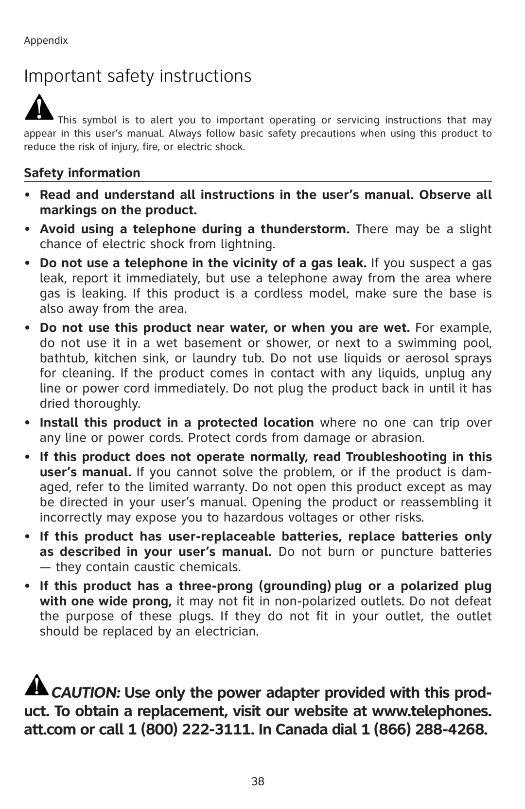 AT&T E5804 user manual Important safety instructions 