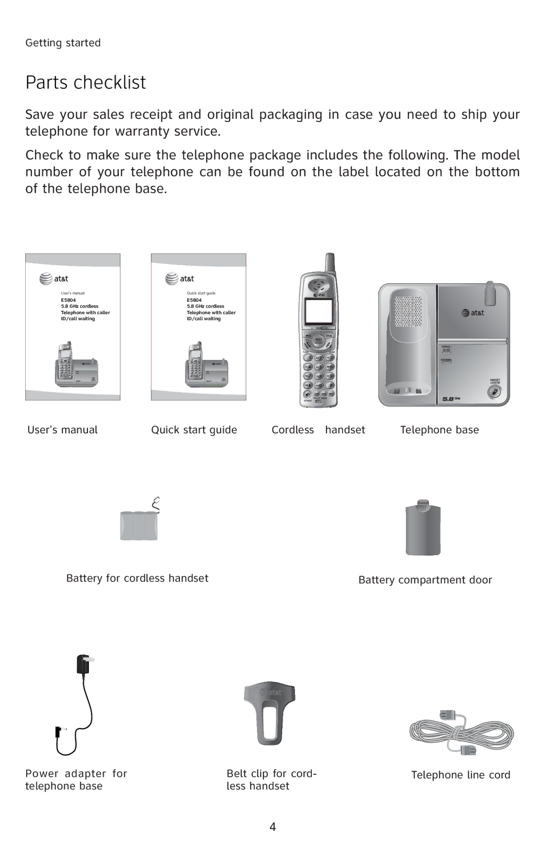 AT&T E5804 user manual Parts checklist, ‚Šƒ‘‘†Œ‚‘ƒ’ 