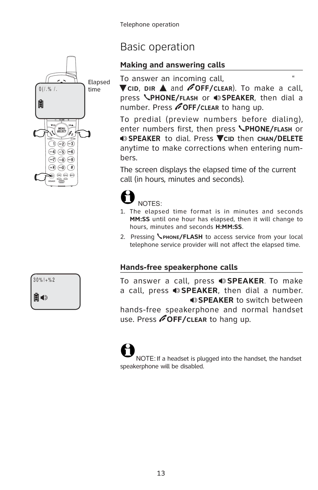 AT&T E5811 user manual Basic operation, Making and answering calls, Hands-free speakerphone calls 
