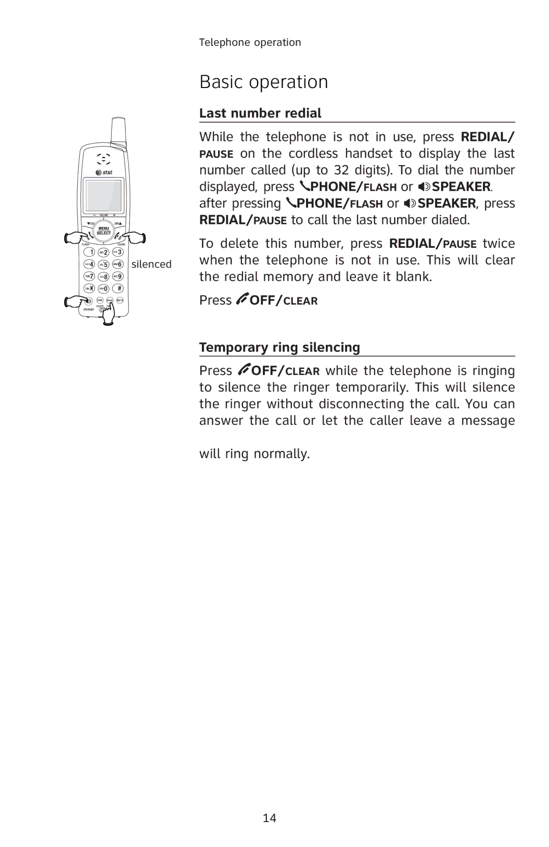 AT&T E5811 user manual Last number redial, Press OFF/CLEAR’ƒ–‡’Ɠ, Temporary ring silencing, ‡Œ…ƒ 