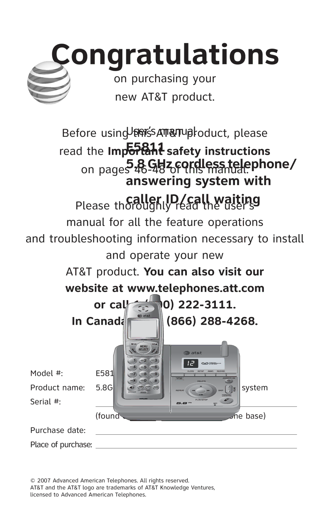 AT&T E5811 user manual Congratulations 