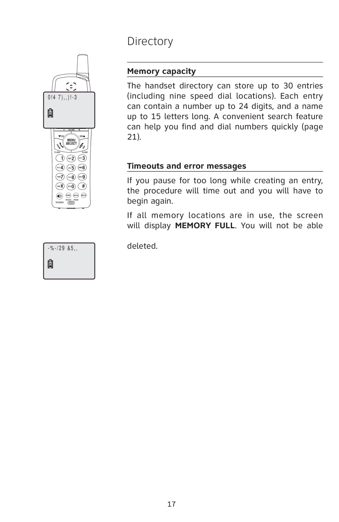 AT&T E5811 user manual Memory capacity, Timeouts and error messages 