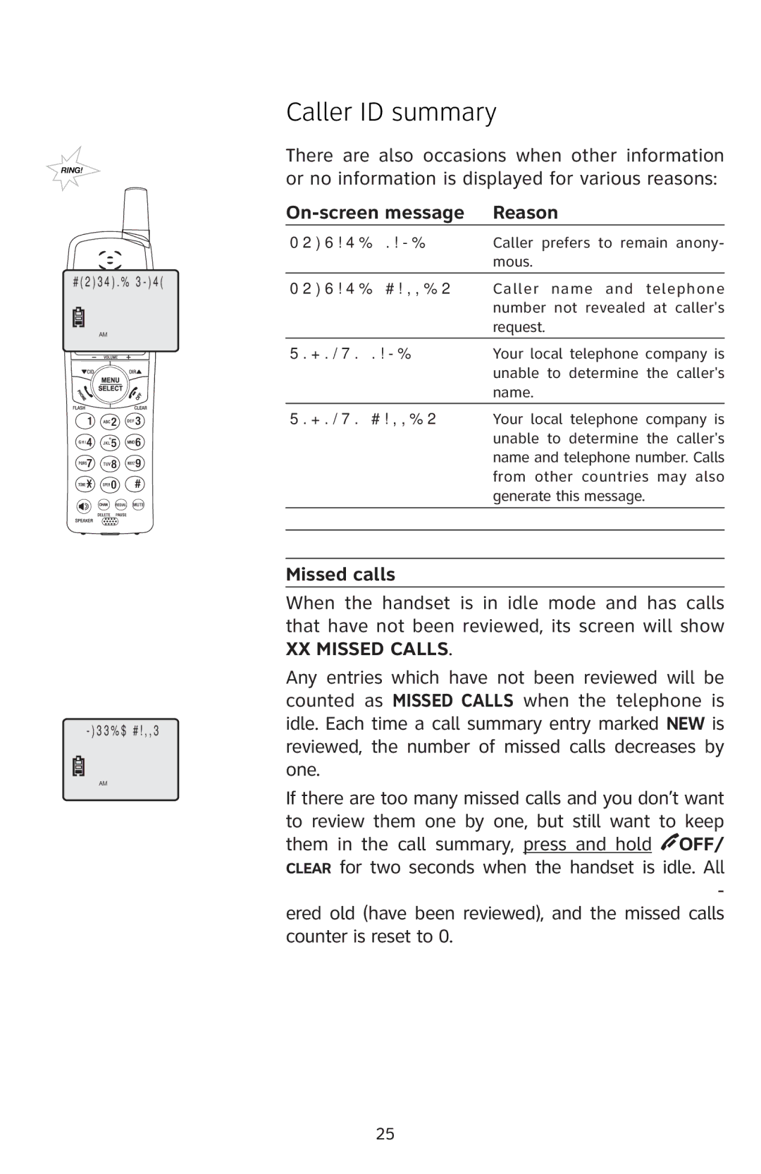 AT&T E5811 user manual On-screen message Reason, Missed calls 