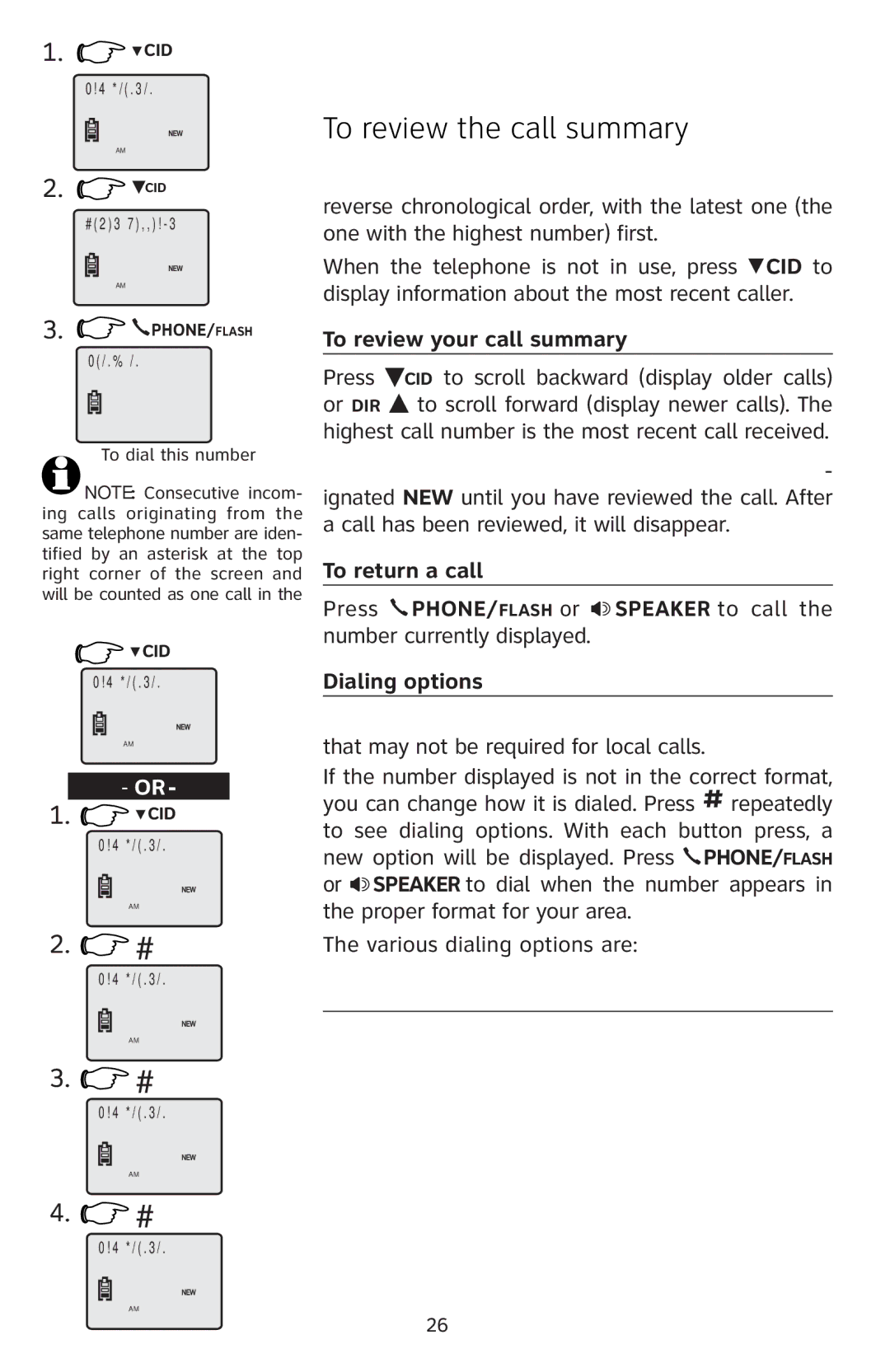 AT&T E5811 user manual To review the call summary, To review your call summary, To return a call, Dialing options 