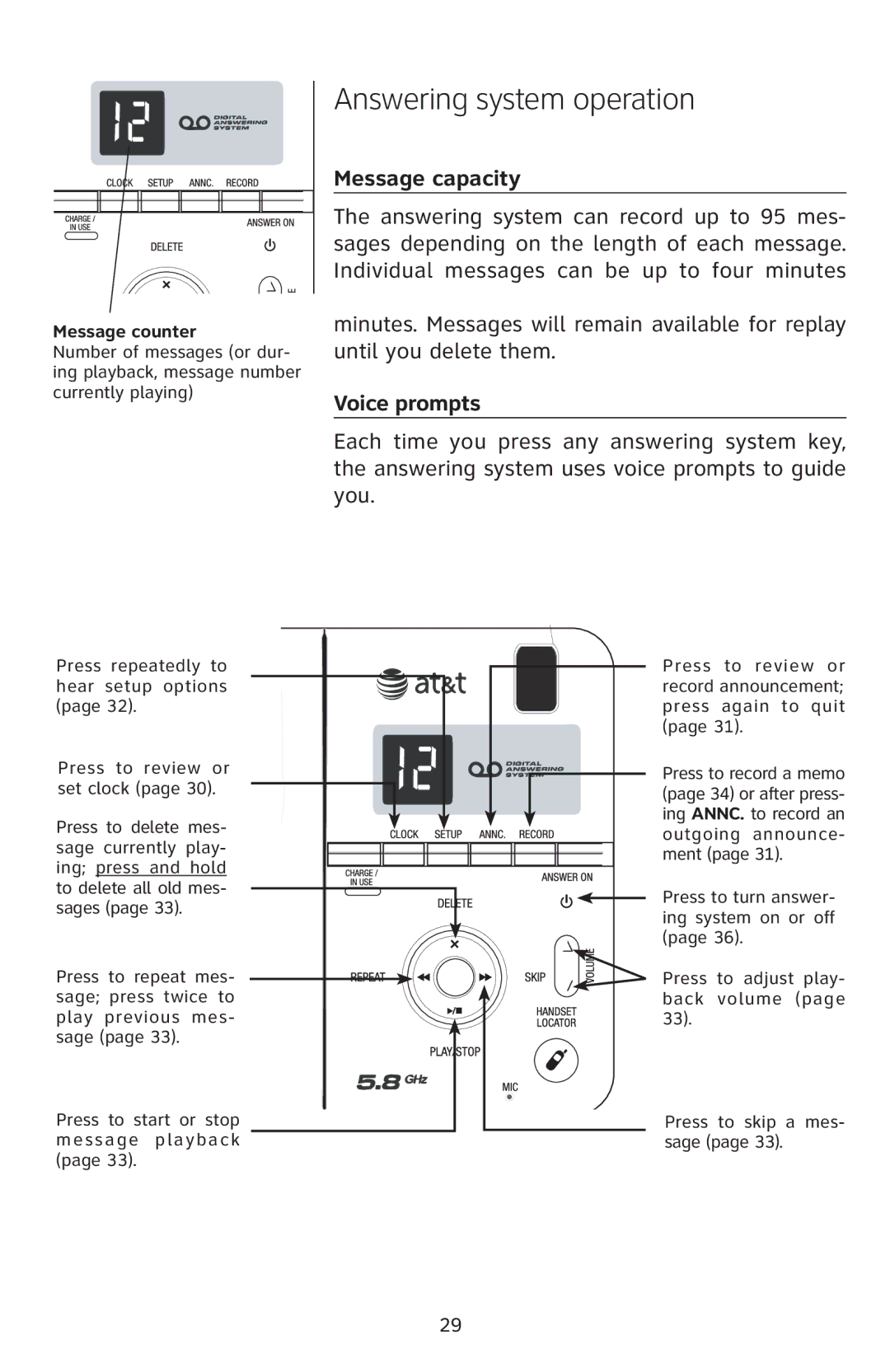 AT&T E5811 user manual Message capacity, Voice prompts 