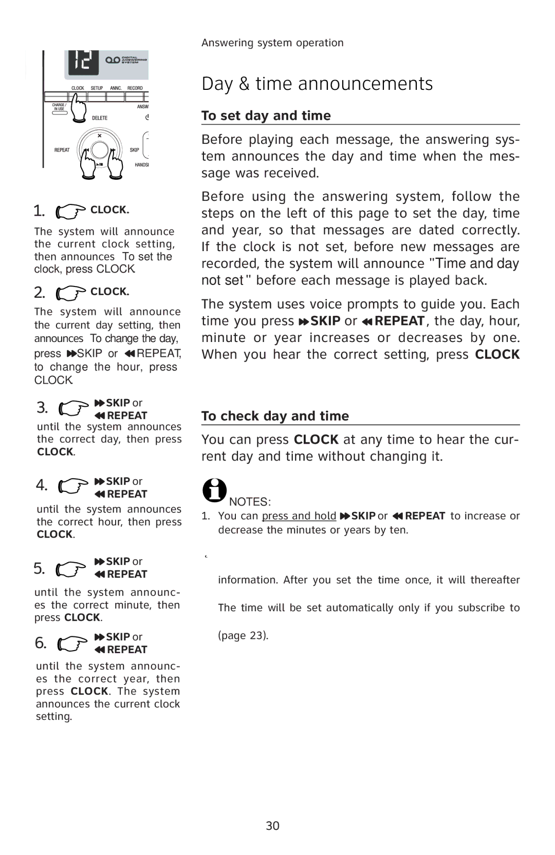 AT&T E5811 user manual Day & time announcements, To set day and time, ’‹”ƒ’’†ƒŒƒ–’‘ƒ’’‡Œ…Ɠ, To check day and time 