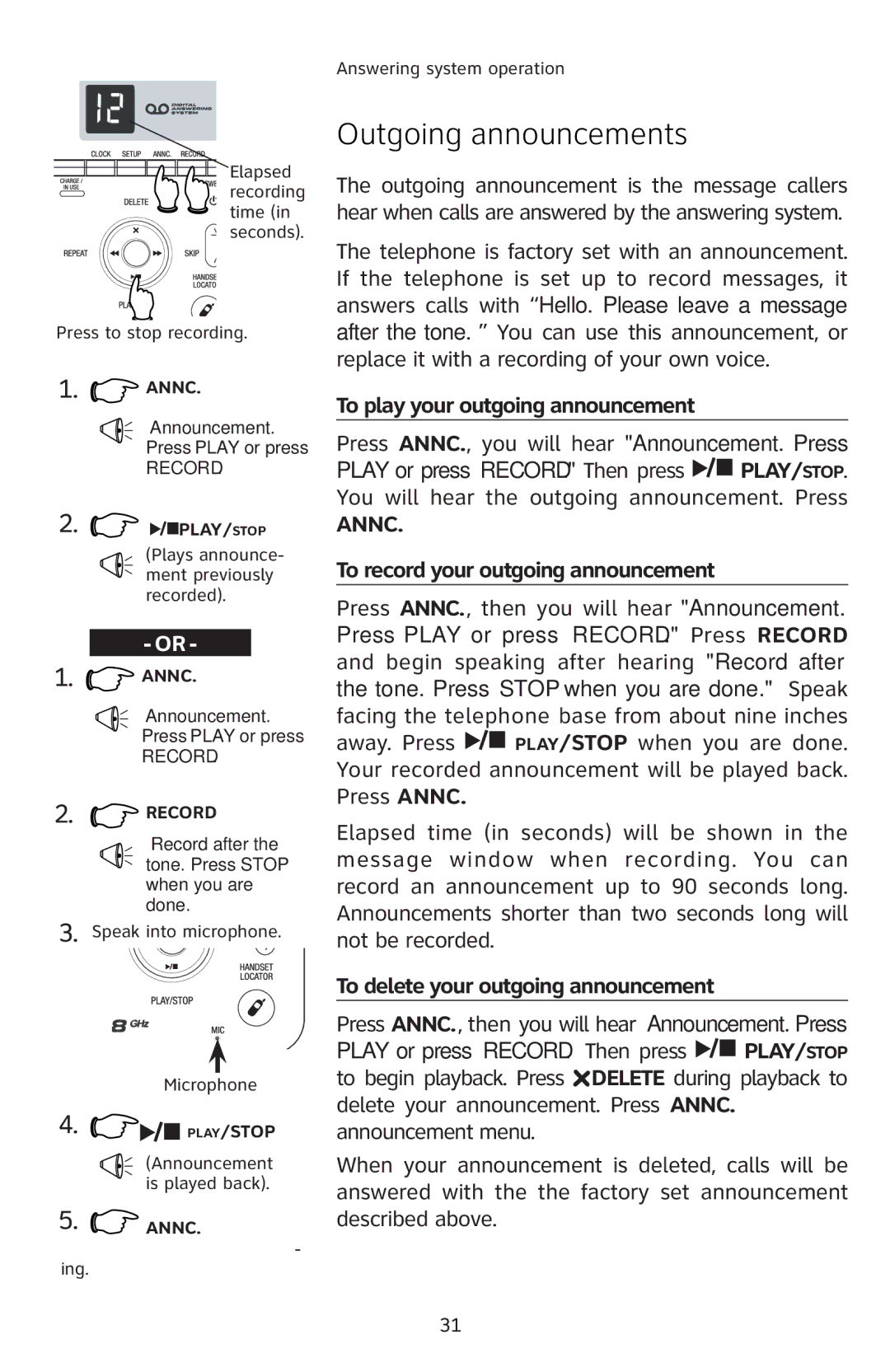 AT&T E5811 user manual Outgoing announcements, To play your outgoing announcement, Annc.’ƒ–‡’’†ƒŒŒ“Œƒ‹ƒŒ’‹ƒŒ“Ɠ 