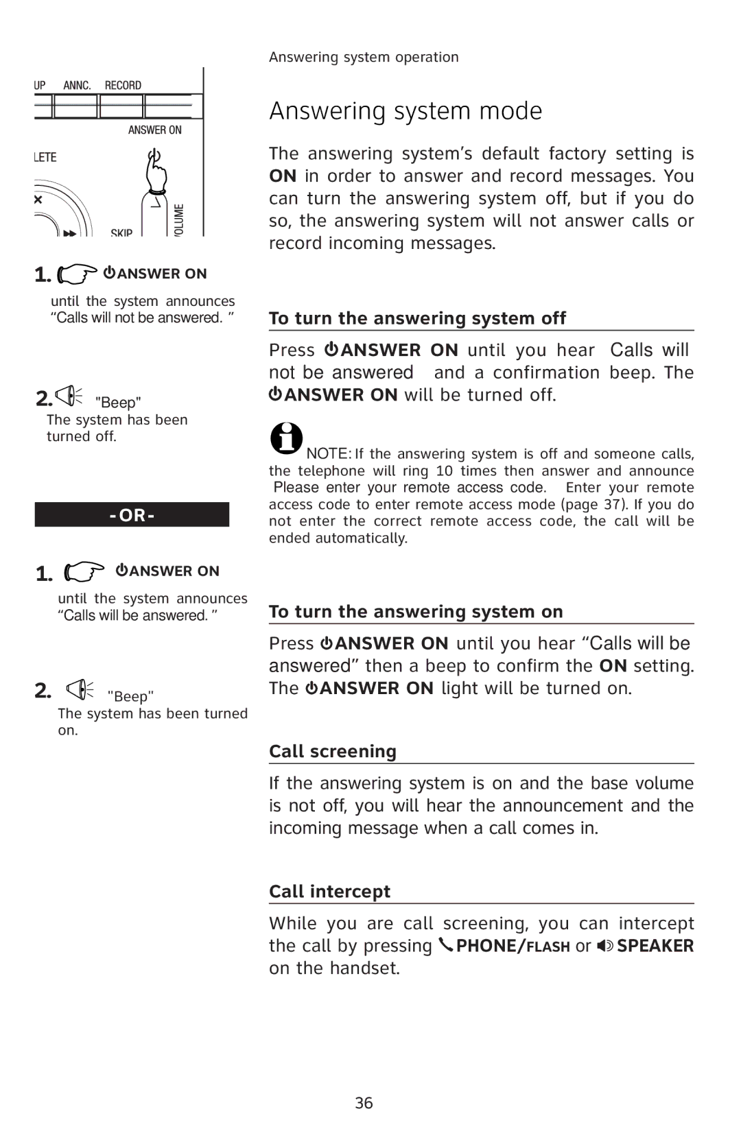 AT&T E5811 Answering system mode, To turn the answering system off, To turn the answering system on, Call screening 