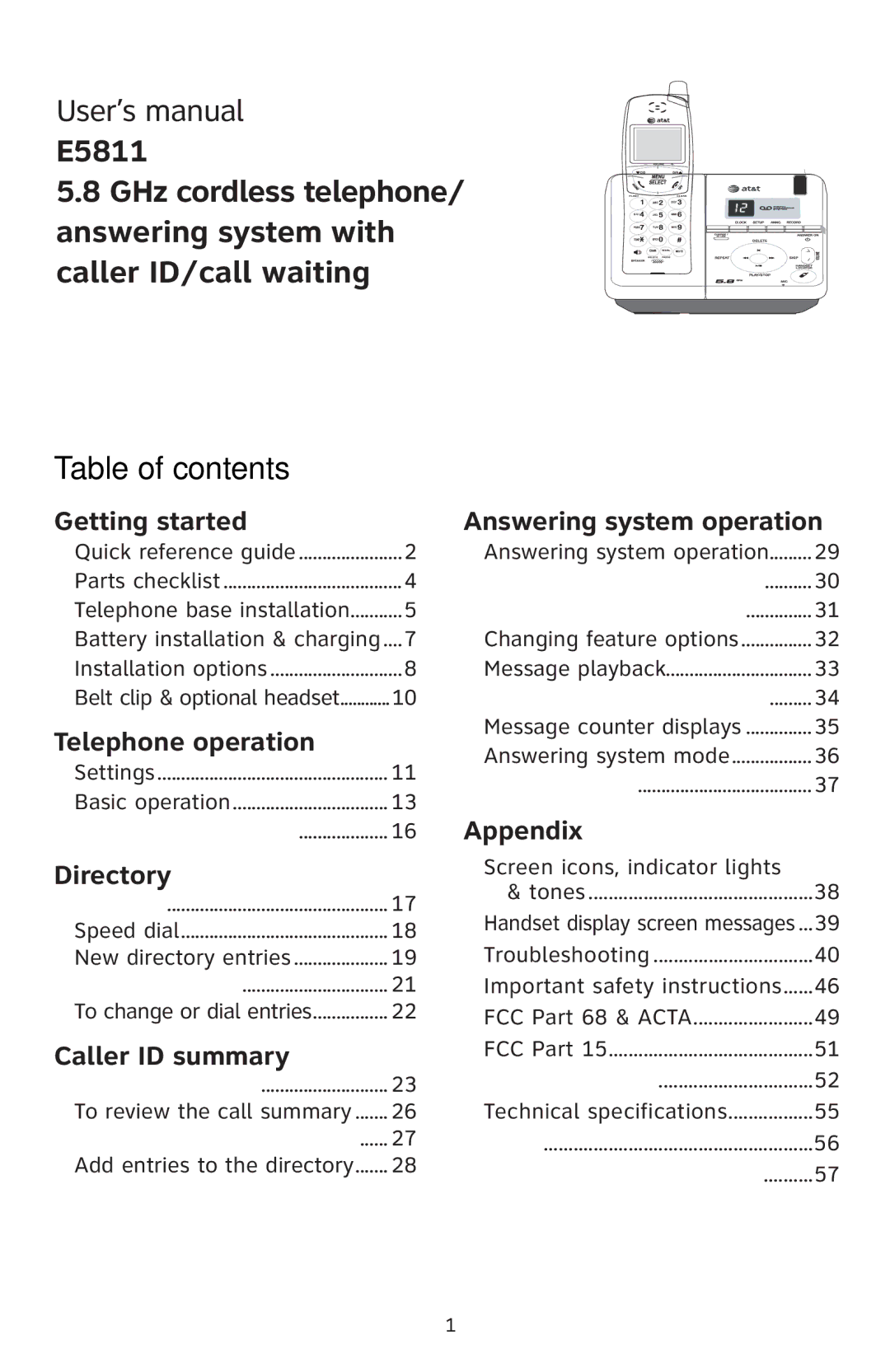 AT&T E5811 user manual Table of contents 
